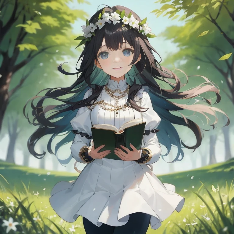 Woman in a white dress with a book in the forest, anime moe art style, 4 k manga wallpaper, Anime visuals of cute girls, Beautiful anime girl, Anime art wallpaper 8k, Light Novel Cover Art, young anime girl, anime art wallpaper 4k, anime art wallpaper 4k, Anime Girl with Long Hair, epic light novel art cover, hestia