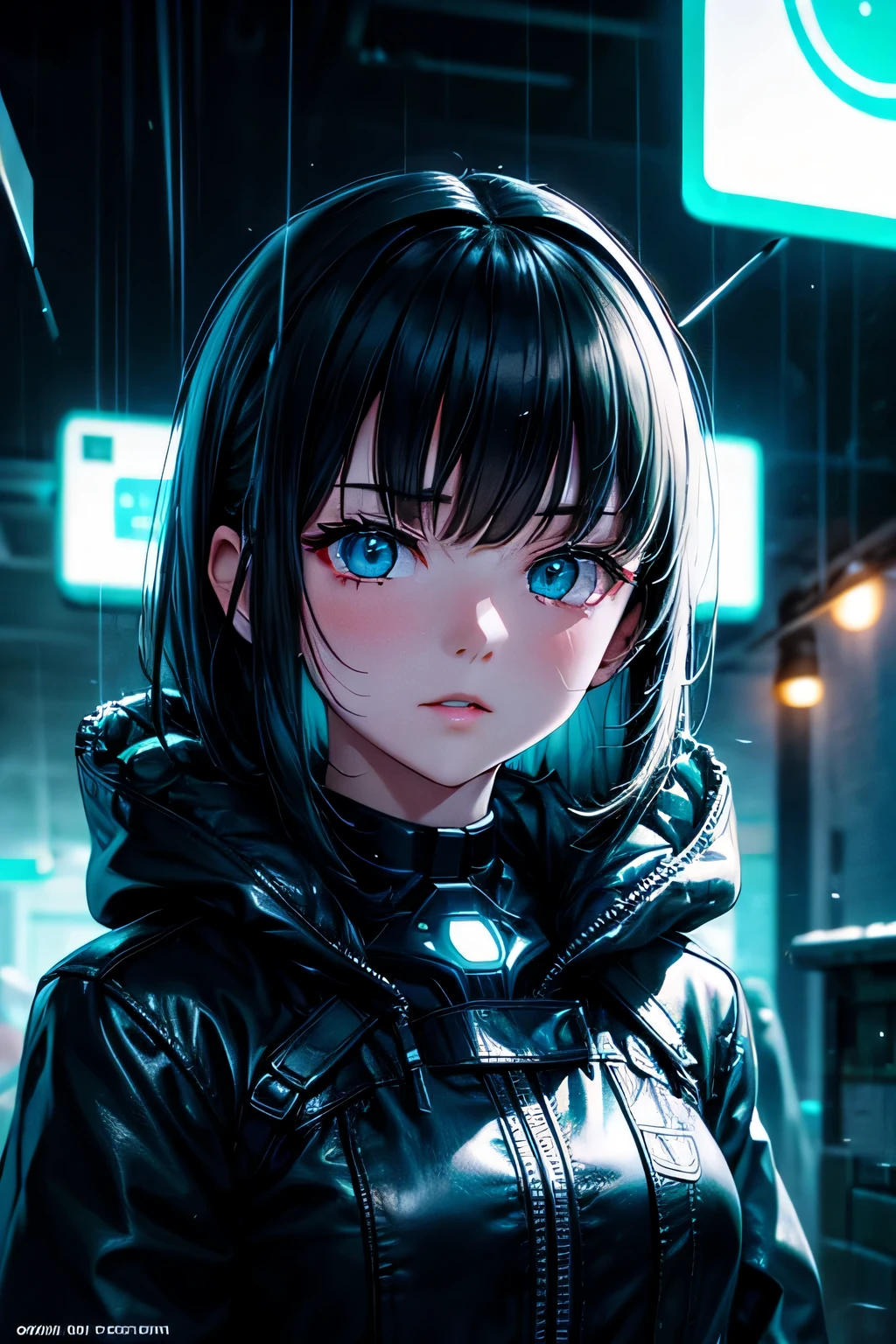 (Ultra detailed:1.3),(grainy:0.8), natural green lighting, futuristic city, (raining:1.3), (dark:1.3), (fog:1.2), green lights, neon lights AND japanese girl, cape with hood, light logo, [cyberpunk clothing:torn fabric:0.35], green lights, neon lights, Matrix style, menacing, sharp, (pointing weapon at the viewer:1.2),(Cold Colors:0.75), highly detailed, vibrant appearance, creative behavior, extremly detailed, imaginative, , spontaneous, highest quality, skin texture, intricate details, (cinematic lighting), RAW photo, 8k, masterpiece,best quality,ultra-detailed,very detailed illustrations,extremely detailed,intricate details,highres,super complex details,extremely detailed 8k cg wallpaper,