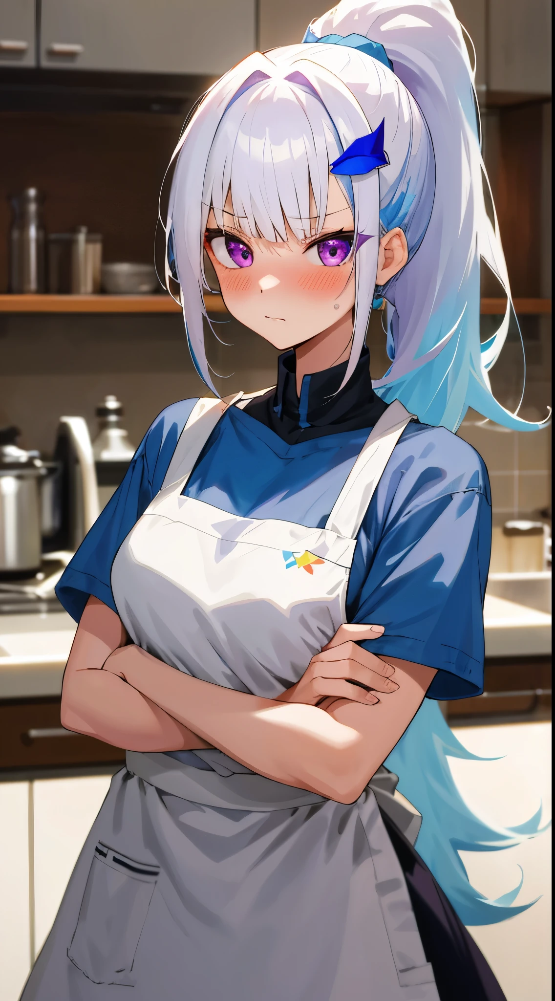 One girl with high ponytail hair, bangs, white hair, blue inner hair:1.25) , purple eyes, looking at viewer, blushing, serious expression, indoor, kitchen, t shirt, apron, mid-chest, day atmosphere, hair ornament, medium breasts, upper body, focus, blurry background, crossed arms