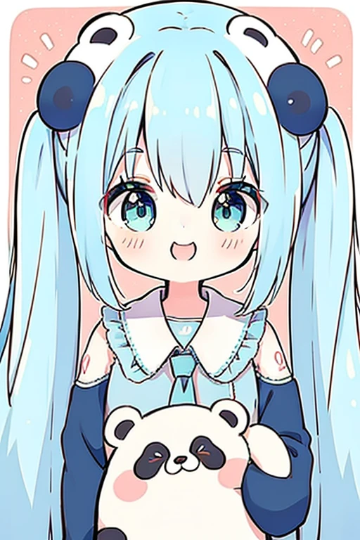 new year 2024 outfit, light blue hair, bangs, twin tail, long hair, green eyes, surprise, Hatsune Miku, dilated pupils, detailed mouth, smile, closed mouth, artwork, best quality, tied hair, panda outfit
