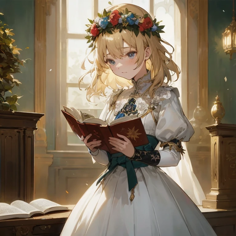 Anime girl in a white dress reading a book in the room, guweiz on pixiv artstation, guweiz on artstation pixiv, guweiz, epic light novel art cover, Violet Evergarden, guweiz masterpiece, artwork in the style of guweiz, blonde - haired princess, loli in dress, epic light novel cover art