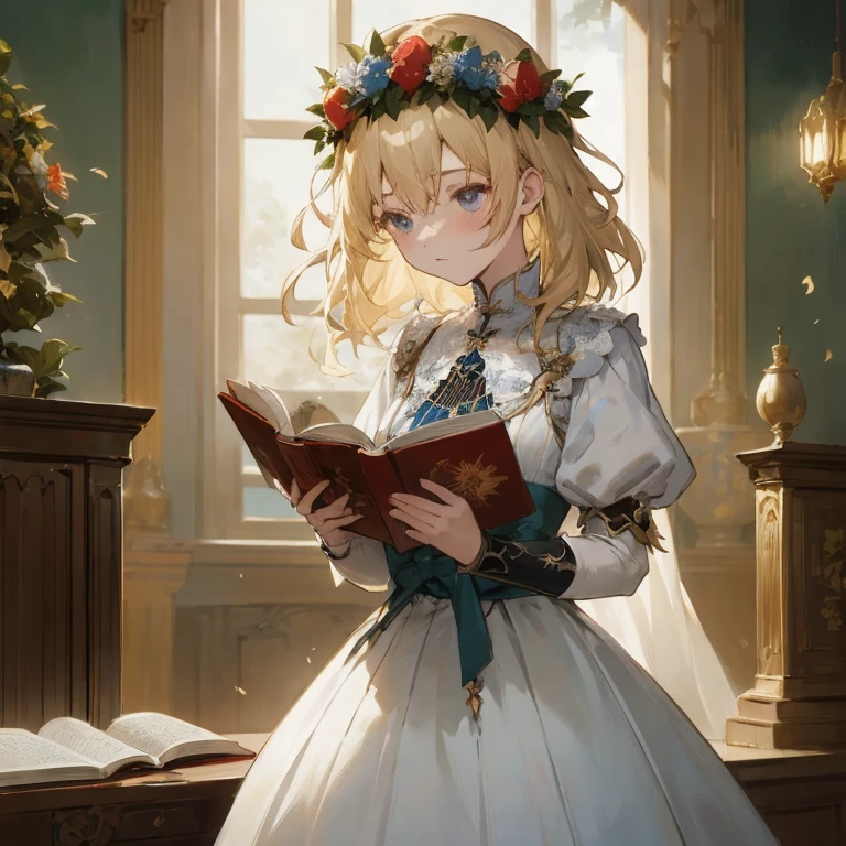 Anime girl in a white dress reading a book in the room, guweiz on pixiv artstation, guweiz on artstation pixiv, guweiz, epic light novel art cover, Violet Evergarden, guweiz masterpiece, artwork in the style of guweiz, blonde - haired princess,  in dress, epic light novel cover art