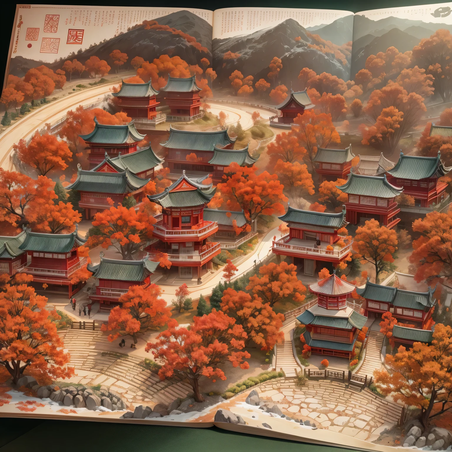 (pop up book:1.5), Cutting style:On a cold winter night,A traditional Chinese village is hosting a grand New Year fireworks display。Red maple,rolling hill quality,4K,8K,A high resolution,tmasterpiece:1.2),ultradetailed,(realistically,照片realistically,photoreali:1.37)#Marine art#popup book#number art#digitial painting#love art