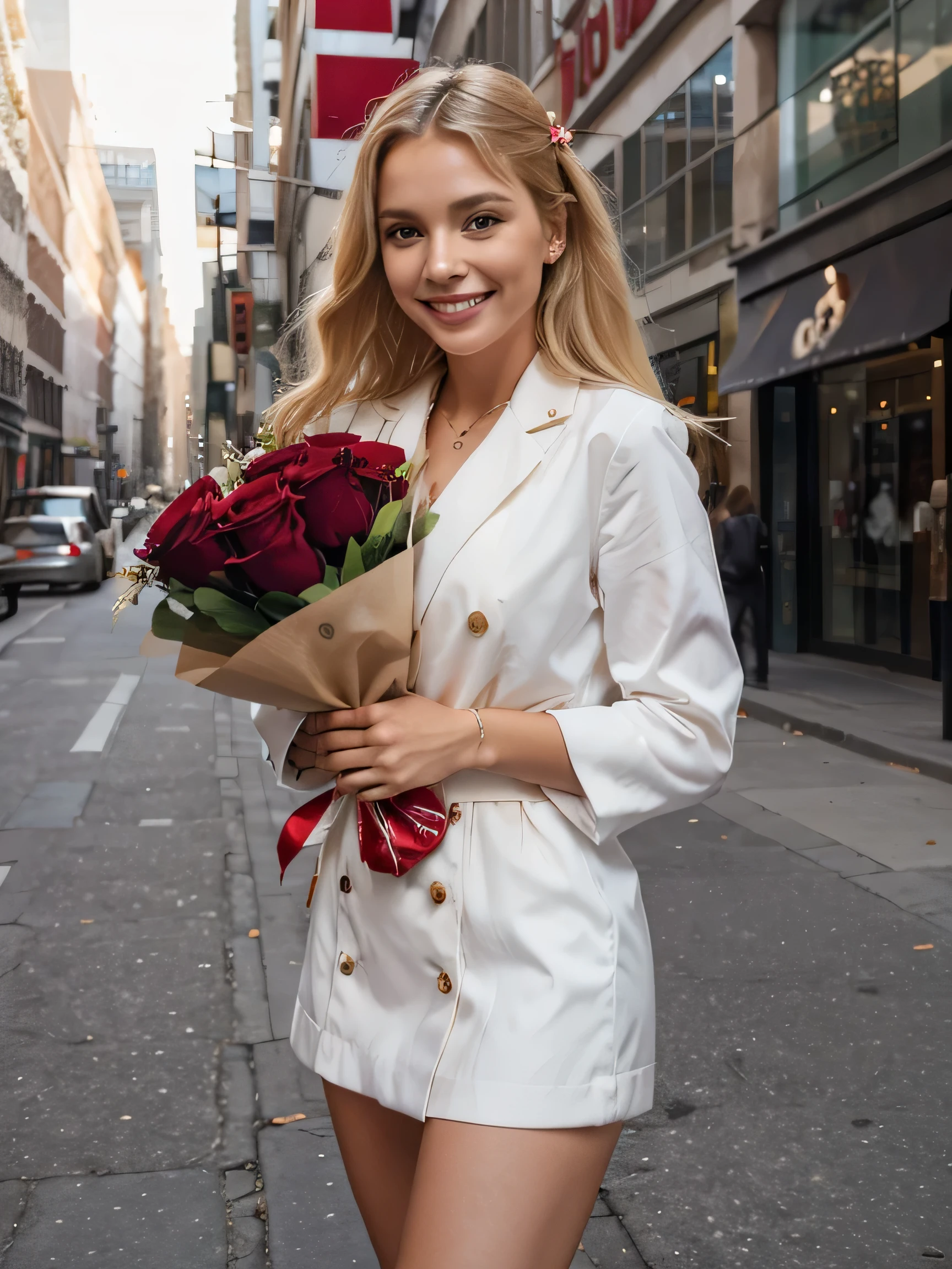 beautiful girl, blonde hair, a bouquet of red rose, fashion outfit, smiling, city street background