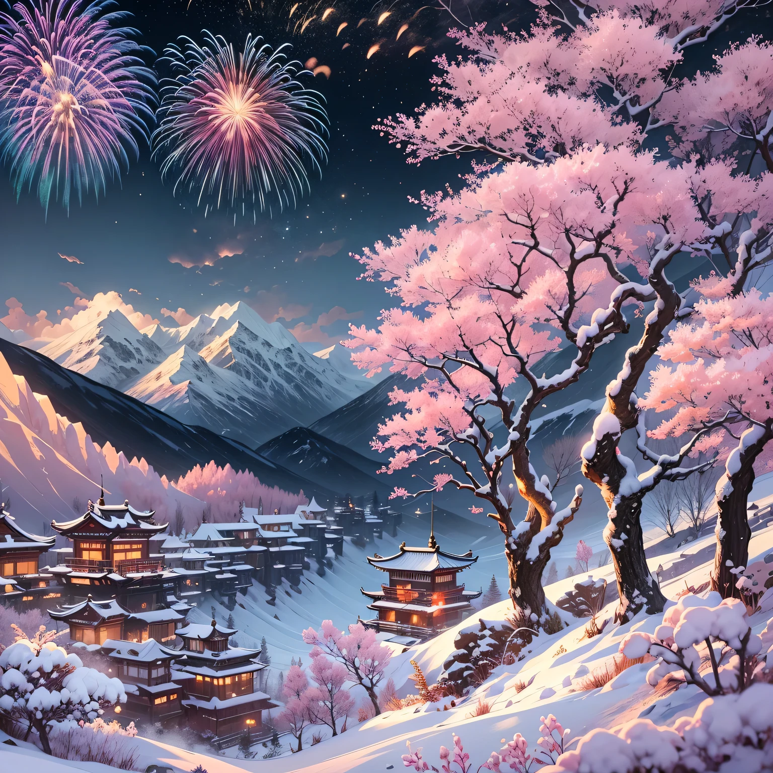 On a cold winter night，A traditional Chinese village is hosting a grand New Year fireworks display。Fireworks bloom in the night sky，Beautiful fireworks formed，It creates a mysterious and unique atmosphere。 The mountain peaks in the picture soar into the sky，Thick fog hangs over the mountainireworks bloom，It adds a touch of mystery to the whole scene。(The mountain peaks are covered with a thin layer of snow)，Beautiful shadows in the moonlight。 At the foot of the mountain，A small stream flows through the mountains。There is a dense peach blossom forest beside the stream.，Pink flowers blooming on the peach tree，Picturesque。 This picture is mainly in illustration style，detail-rich，vivd colour。Sewing style elements，Make the whole picture more three-dimensional，Give people a sense of intimacy。随着Fireworks bloom的光芒，The picture is full of joy、a joyful atmosphere。 The image quality is the best，The resolution is 4K or 8K，detail-rich，High fidelity。The entire picture has professional photography effects，detail-rich，colors full、vividness，The background uses the bokeh effect cleverly，Highlight the topic。