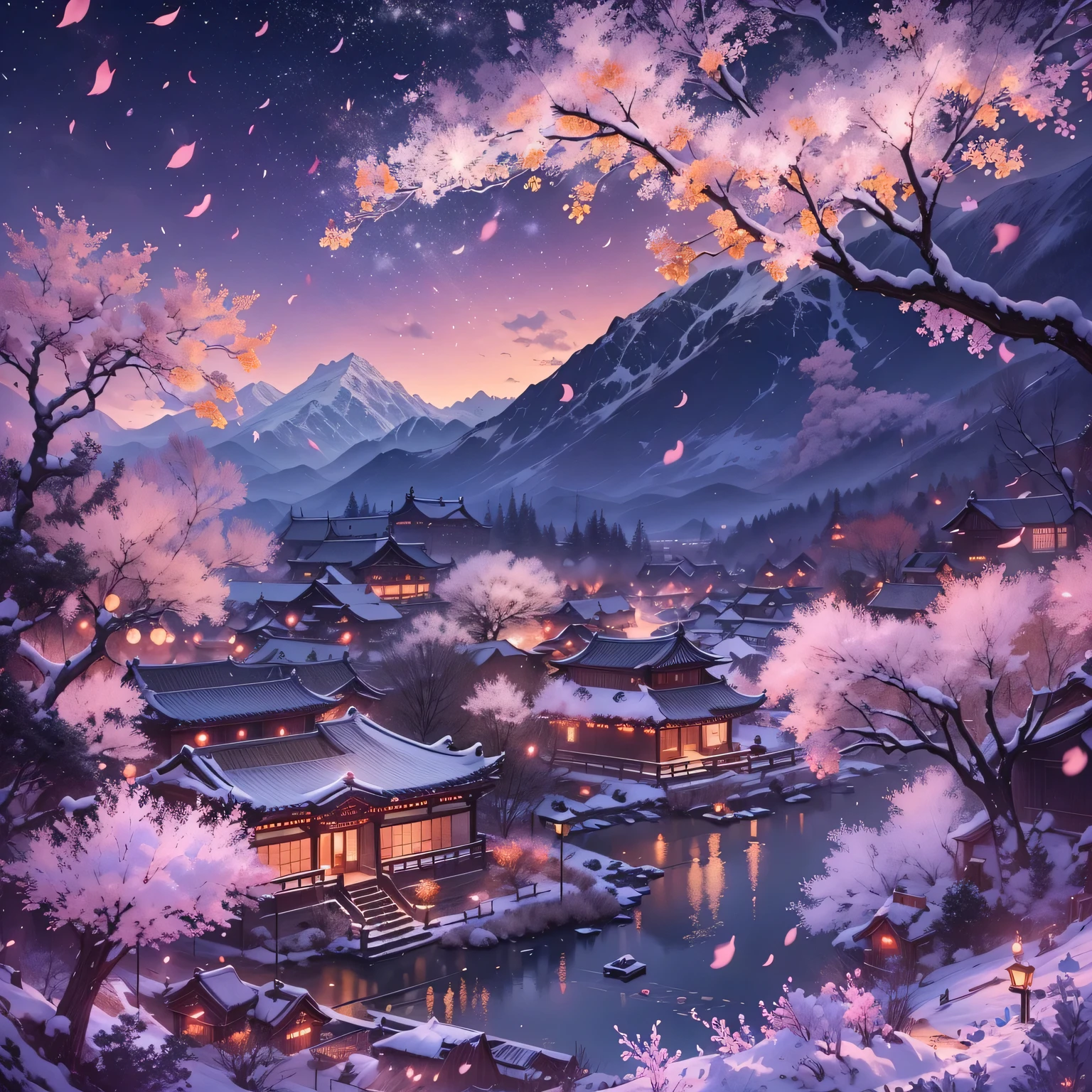 On a cold winter night,A traditional Chinese village is hosting a grand New Year fireworks display。Fireworks bloom in the night sky,Beautiful fireworks formed,It creates a mysterious and unique atmosphere。 The mountain peaks in the picture soar into the sky,Thick fog hangs over the mountainireworks bloom,It adds a touch of mystery to the whole scene。(The mountain peaks are covered with a thin layer of snow),Beautiful shadows in the moonlight。 At the foot of the mountain,A small stream flows through the mountains。There is a dense peach blossom forest beside the stream.,Pink flowers blooming on the peach tree,Picturesque。 This picture is mainly in illustration style,detail-rich,vivd colour。Sewing style elements,Make the whole picture more three-dimensional,Give people a sense of intimacy。随着Fireworks bloom的光芒,The picture is full of joy、a joyful atmosphere。 The image quality is the best,The resolution is 4K or 8K,detail-rich,High fidelity。The entire picture has professional photography effects,detail-rich,colors full、vividness,The background uses the bokeh effect cleverly,Highlight the topic。