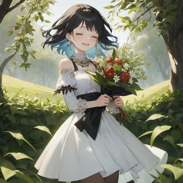 Anime girl with blue hair and white dress holds flowers, artwork in the style of guweiz, guweiz on pixiv artstation, guweiz on artstation pixiv, guweiz, loli in dress, Cute anime waifu in a nice dress, Anime visuals of cute girls, Trending on ArtStation pixiv, a maid in a magical forest