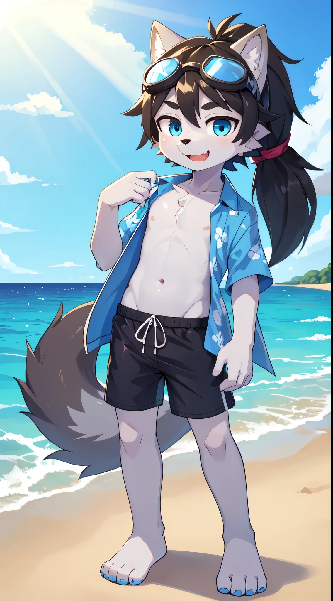 Furry shota, young, wolf, black hair, long spiky ponytail, blue eyes, detailed body fur, ((blue hawaiian shirt, open clothes, black swim trunks, goggles)), masterpiece, looking at you, fangs, clear grey body fur, detailed face, big eyebrows, detailed eyes, detailed body, detailed body fur, detailed hands, flat body, glistering body, shiny body, skinny, sassy face, :3, beach, clear sky, full body, feets whit three toes,