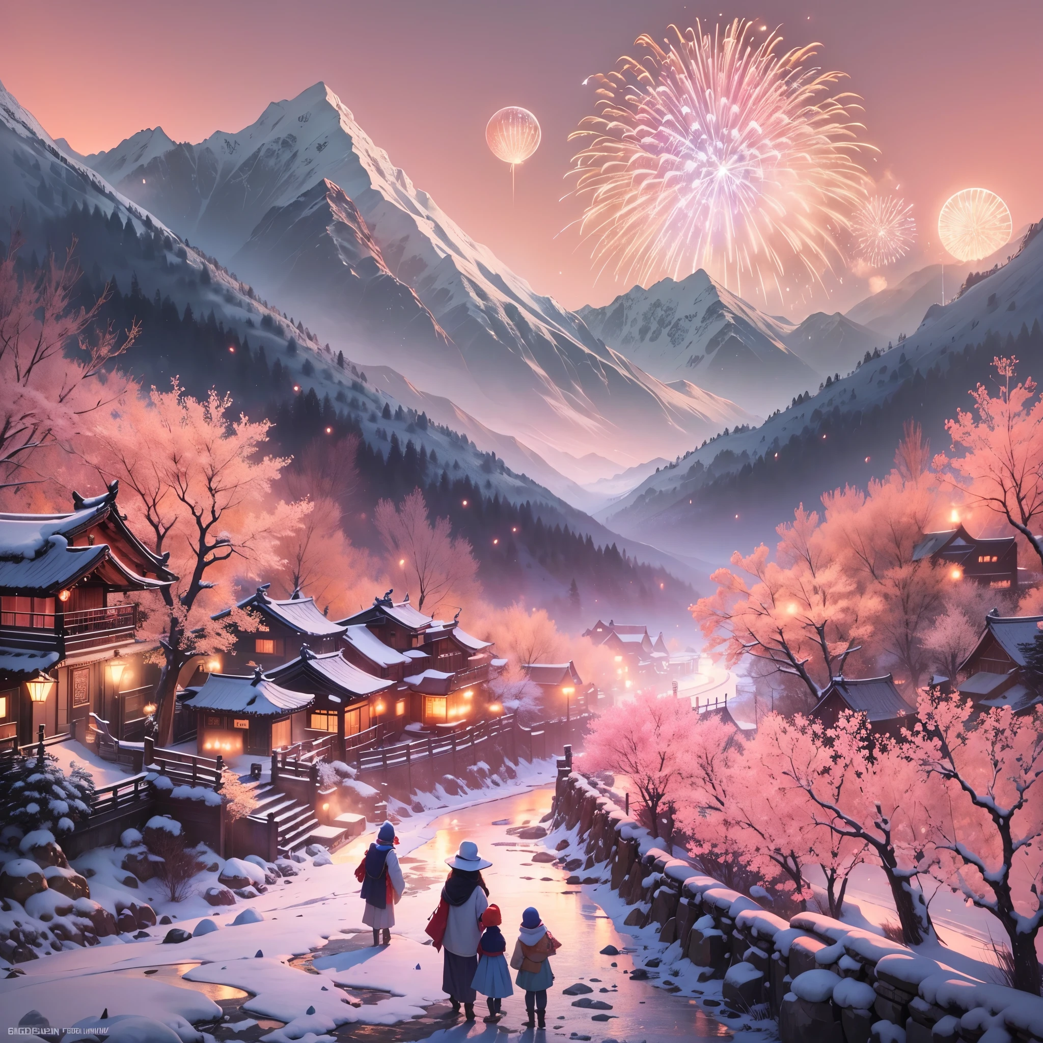 On a cold winter night，A traditional Chinese village is hosting a grand New Year fireworks display。Fireworks bloom in the night sky，Beautiful fireworks formed，It creates a mysterious and unique atmosphere。 The mountain peaks in the picture rise into the sky，shrouded in a thick foist lingers in the mountains as fireworks bloom，It adds a touch of mystery to the whole scene。(The mountain peaks are covered with a thin layer of snow)，The beautiful shadow shining in the moonlight。 At the foot of the mountain，A small stream flows through the mountains。Next to the stream is a dense peach blossom forest，Pink flowers blooming on the peach tree，Picturesque。 This picture is dominated by illustration style，detail-rich，Vivid colors。Elements from sewing style，Make the whole picture more three-dimensional，Give people a sense of intimacy。With the light of fireworks blooming，The picture is filled with a festive and joyful atmosphere。 Image quality is the best，The resolution is 4K or 8K，detail-rich，High fidelity。The entire picture has professional photography effectine detailing，colors full、vividness，The background cleverly uses the bokeh effect，Highlight the subject。