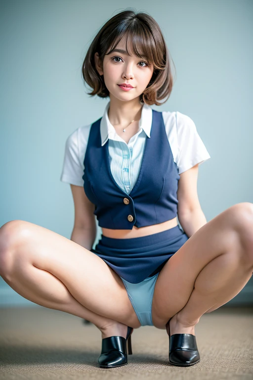 vestsクォリティ, Face Focus, Soft light, 超A high resolution, (Photorealistic:1.4), Raw photo, 1日本人の女の子, Solo, Cute, (Shy smile:0.5), (Brown eyes, Light in the eyes), Detailed beautiful face, (Small chest),(High-resolution details of human skin texture), (Short bob hair), BREAK, in class room,Navy Uniform, vests, Skirt((vestsクォリティ)), ((masutepiece)), (Detailed), perfect face 1 woman、(Solo)、(Super beautiful)、(beauitful face:1.5)、(A detailed face)、Slender Abs、(navy blue stewardess uniform:1.2)、Squatting、troubled look、Body facing the camera、(The shape of the woman's pubic area is clearly visible)、Facing forward、(M-shaped legs:1.5)、(Pee with your legs wide open:1.5)、(pastel blue micro panties from skirt:1.6)、(Bare legs:1.4)、(Wearing pin heels)、Angle from below、(At SFW:1.1) Beautiful half face beauty、爆乳 8k bright lighting Beautiful big eyes、Curly hair long highlight a smile
