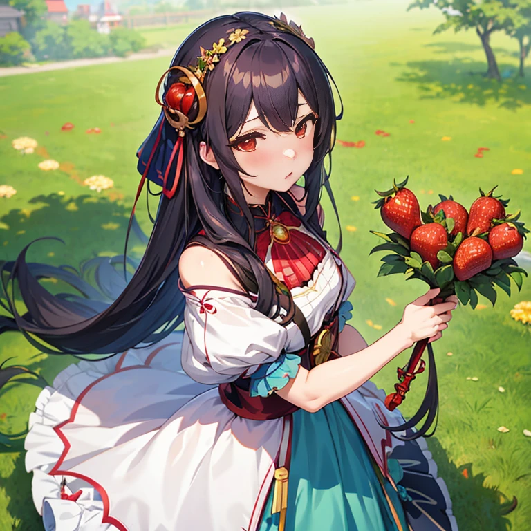 Anime girl with long hair holding a bunch of strawberries, guweiz, Official artwork, Anime visuals of cute girls, cushart krenz key art feminine, Official art, artwork in the style of guweiz, loli in dress, Cute anime waifu in a nice dress, makoto kano, from girls frontline, Ayaka Genshin Impact