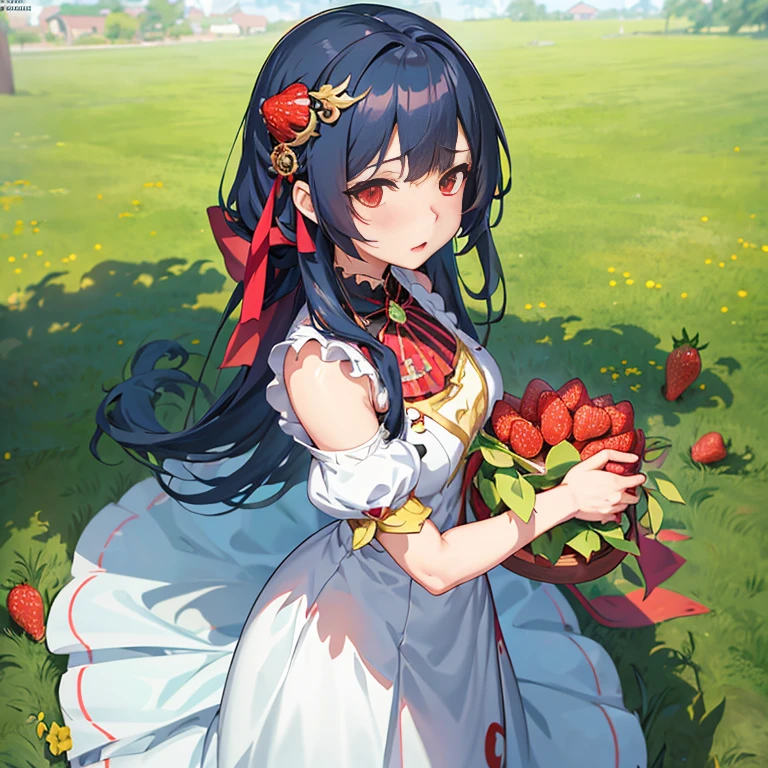 Anime girl with long hair holding a bunch of strawberries, guweiz, Official artwork, Anime visuals of cute girls, cushart krenz key art feminine, Official art, artwork in the style of guweiz, loli in dress, Cute anime waifu in a nice dress, makoto kano, from girls frontline, Ayaka Genshin Impact