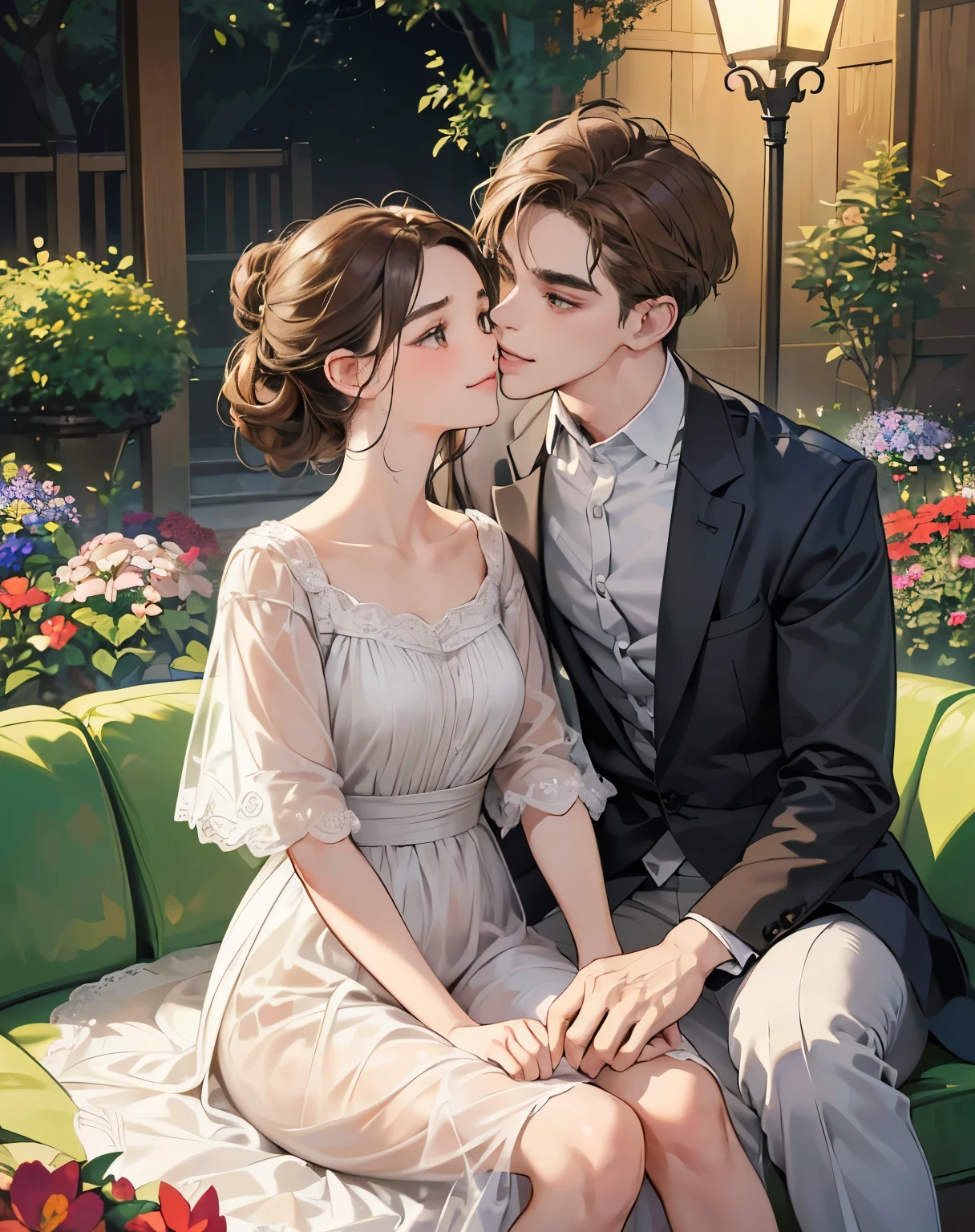 (masutepiece, Digital Art, Digital Illustration, 4K, 8K, Ultra-detailed, beautiful image, Sharp Image, Photorealistic, Raw photo, Perfect face, Perfect lines, Perfect eyes, Soft lighting) 1 woman, (lightbrown hair,Chignon Hair,Innocent look,drooping eyebrows,drooing eyes,with round face,Round jaws、Innocence,cute little,big eye,natural make up,kindly smile,E-cup,23 y-o woman:1.3),Two handsome men in suits, (ember,Men in suits,well-muscled,Firm shoulder width, Boyish hairstyle,Man in his 30s with a cool expression,28-year-old man with bright smile:1.2),A garden full of light、lots of flower、The fountain、colorful flower light,(embarrassed from,Shy smile:1.2),Resort Sofa,the kiss、kiss、a couple、couple kissing、Romance、