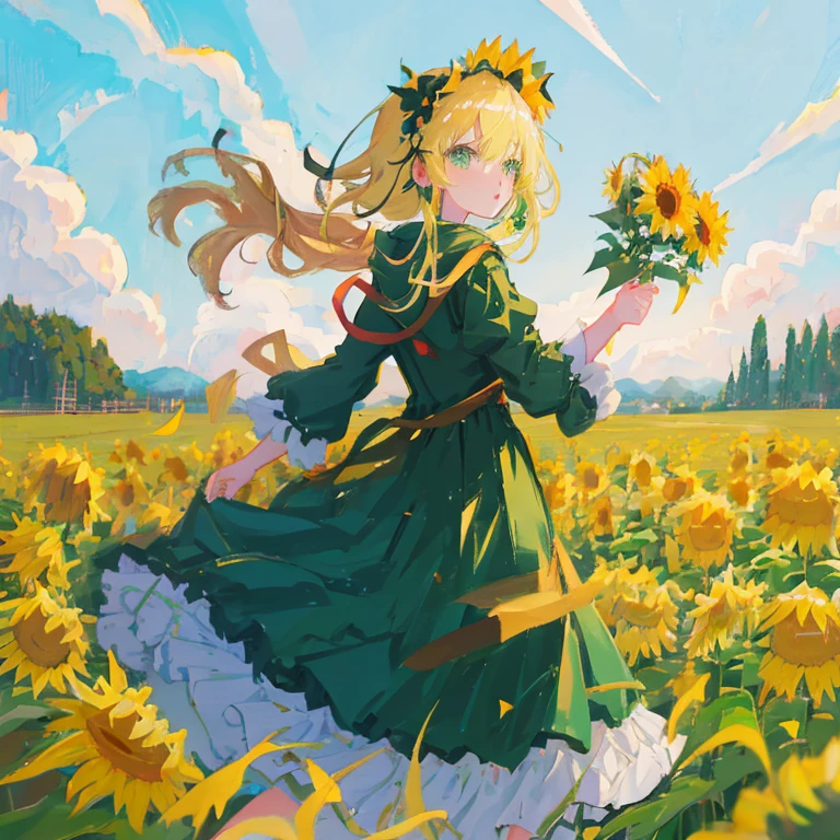 Anime girl in a green dress with flowers in a field of yellow flowers, Cute anime waifu in a nice dress, Beautiful sunflower anime girl, Official artwork, guweiz on pixiv artstation, High quality anime art style, Official art, Rin, made with anime painter studio, cushart krenz key art feminine, maRin kitagawa fanart, digital art on pixiv