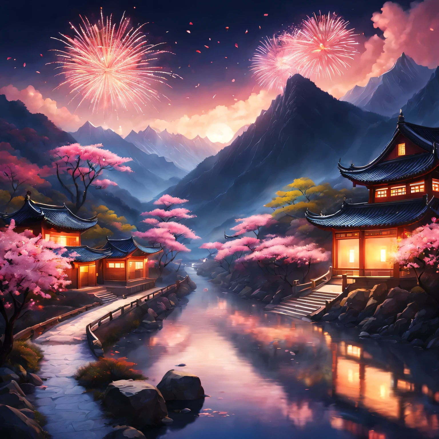 On a cold winter night,A traditional Chinese village is hosting a grand New Year fireworks display。Fireworks bloom in the night sky,Beautiful fireworks formed,It creates a mysterious and unique atmosphere。 The mountain peaks in the picture soar into the sky,Thick fog hangs over the mountainireworks bloom,It adds a touch of mystery to the whole scene。(The mountain peaks are covered with a thin layer of snow),Beautiful shadows in the moonlight。 At the foot of the mountain,A small stream flows through the mountains。There is a dense peach blossom forest beside the stream.,Pink flowers blooming on the peach tree,Picturesque。 This picture is mainly in illustration style,detail-rich,vivd colour。Sewing style elements,Make the whole picture more three-dimensional,Give people a sense of intimacy。随着Fireworks bloom的光芒,The picture is full of joy、a joyful atmosphere。 The image quality is the best,The resolution is 4K or 8K,detail-rich,High fidelity。The entire picture has professional photography effects,detail-rich,colors full、vividness,The background uses the bokeh effect cleverly,Highlight the topic。