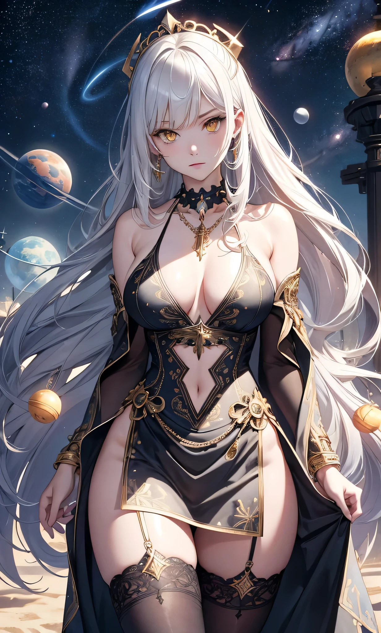(Very detailed 8K wallpapers), medium plan ,goddess, pale skin, large bright yellow eyes, very long white hair, half naked, transparent clothes, large breast, nice ass,sharp features, pronounced cheekbones, perfect figure, shiny skin, star robe decorated with a pattern of runes and planets, finger rings, criminal necklace around the neck, black stockings, choker, open space, planets and stars in the background, attention to detail, high detail, many details, intricated, higly detailed, dramatic