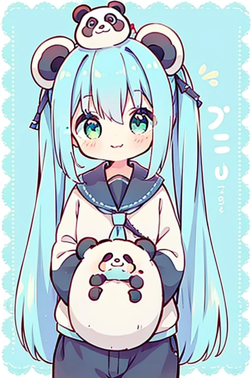 new year 2024 outfit, light blue hair, bangs, twin tail, long hair, green eyes, surprise, Hatsune Miku, dilated pupils, detailed mouth, smile, closed mouth, artwork, best quality, tied hair, panda outfit