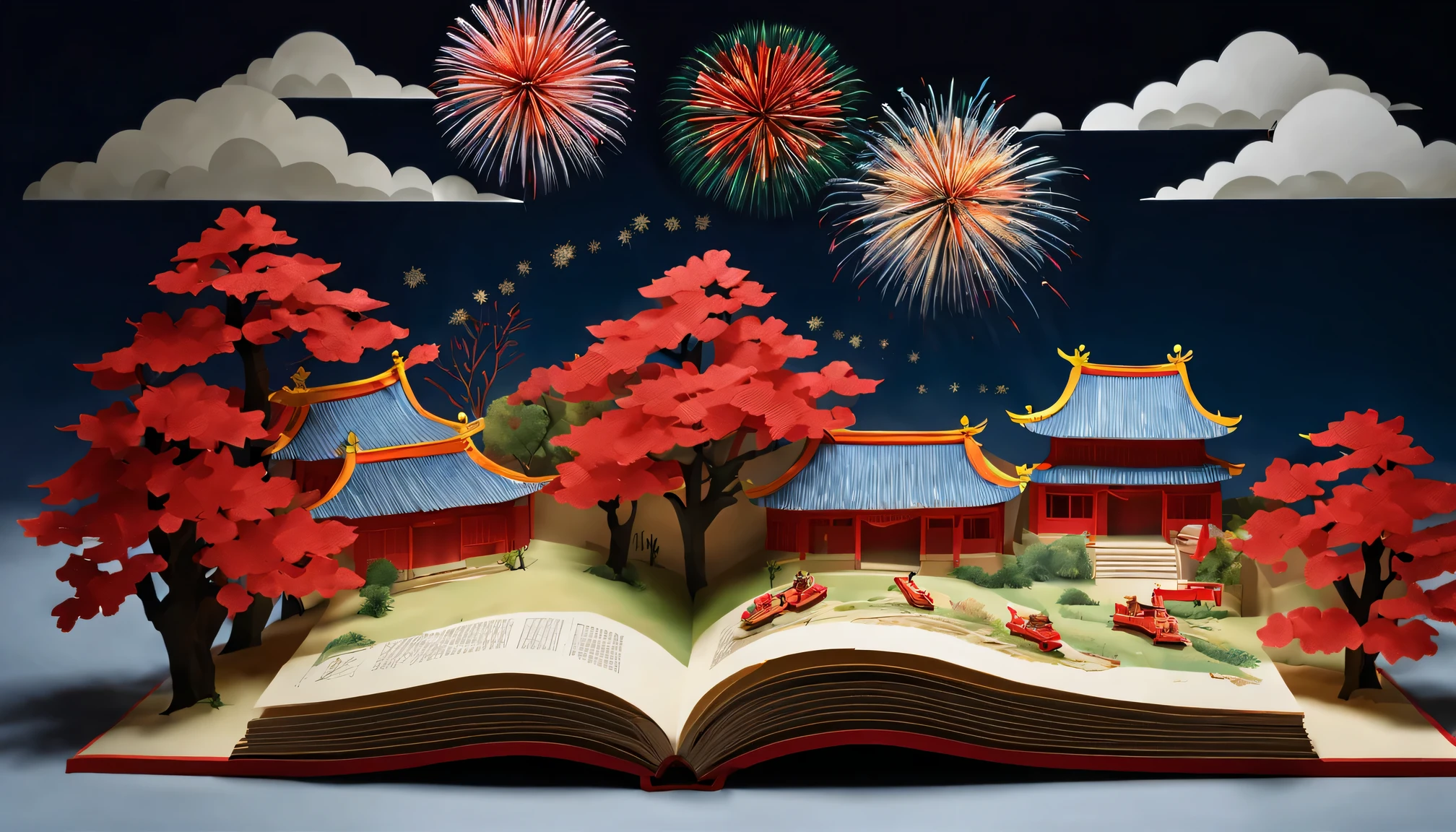 （pop up book：1.5）， Cutting style：A traditional Chinese village is hosting a grand New Year fireworks display。On a cold winter night，Red maple，rolling hill quality，4K，8K，A high resolution，tmasterpiece：1.2），ultradetailed，（realistically，照片realistically，photoreali：1.37）#Marine art#popup book#number art#digitial painting#love art