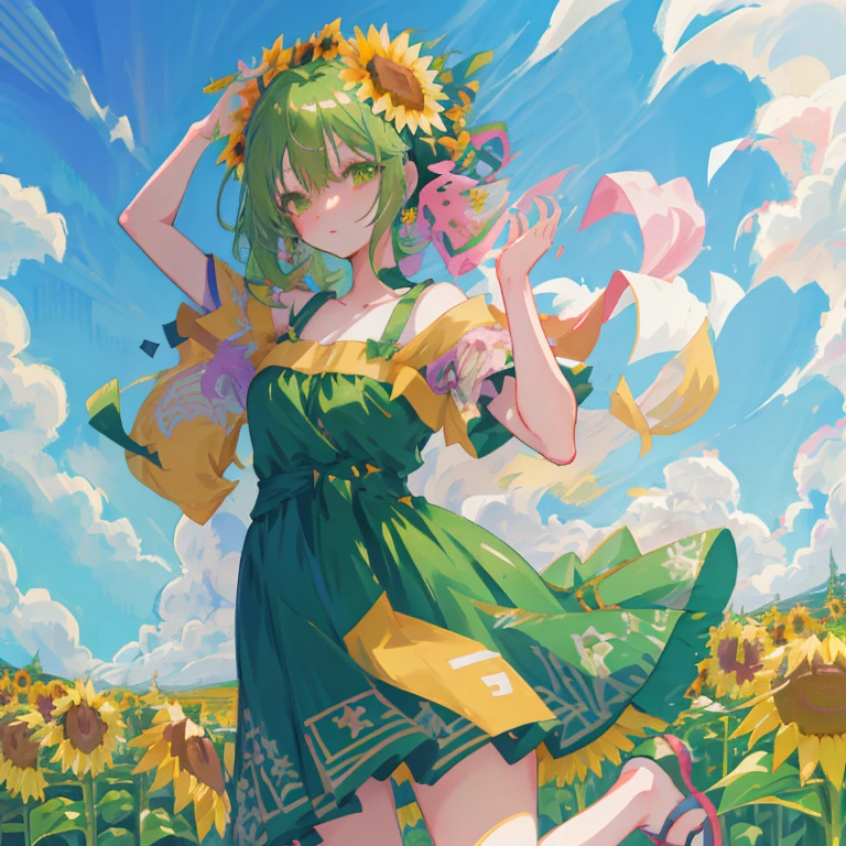 Anime girl in a green dress running through a flower field, Beautiful sunflower anime girl, Beautiful anime girl, girl dancing in a flower field, Beautiful anime, Cute anime waifu in a nice dress, High quality anime art style, anime style 4 k, goddess of summer, Anime visuals of cute girls, hd anime wallaper, anime wallaper, official anime artwork