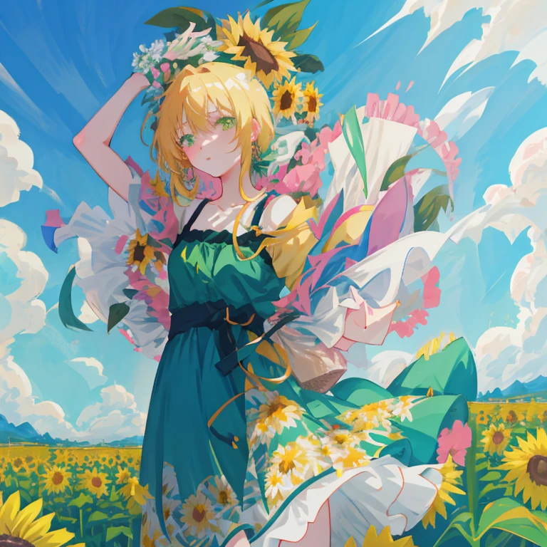 Anime girl in a green dress running through a flower field, Beautiful sunflower anime girl, Beautiful anime girl, girl dancing in a flower field, Beautiful anime, Cute anime waifu in a nice dress, High quality anime art style, anime style 4 k, goddess of summer, Anime visuals of cute girls, hd anime wallaper, anime wallaper, official anime artwork