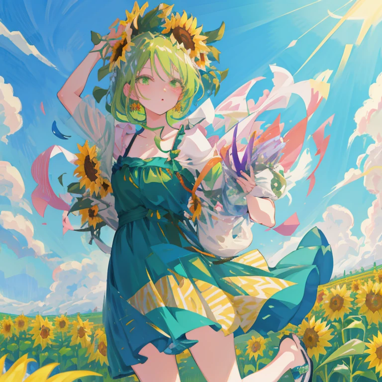 Anime girl in a green dress running through a flower field, Beautiful sunflower anime girl, Beautiful anime girl, girl dancing in a flower field, Beautiful anime, Cute anime waifu in a nice dress, High quality anime art style, anime style 4 k, goddess of summer, Anime visuals of cute girls, hd anime wallaper, anime wallaper, official anime artwork