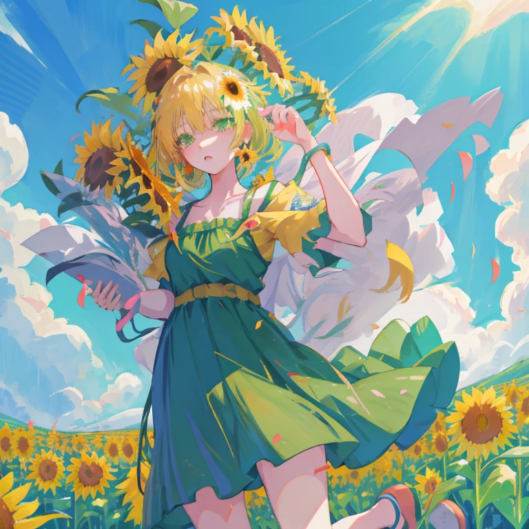 Anime girl in a green dress running through a flower field, Beautiful sunflower anime girl, Beautiful anime girl, girl dancing in a flower field, Beautiful anime, Cute anime waifu in a nice dress, High quality anime art style, anime style 4 k, goddess of summer, Anime visuals of cute girls, hd anime wallaper, anime wallaper, official anime artwork