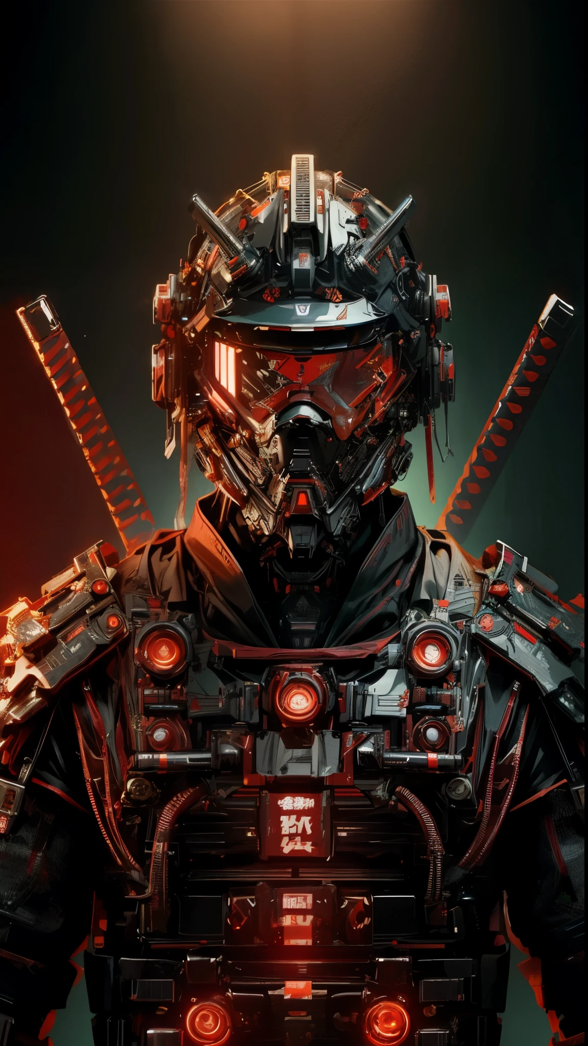 Close-up of robot with red light on face, cyberpunk samurai, portrait of a cyberpunk samurai, cyberpunk soldier, very beautiful cyberpunk samurai, Robot Samurai, fractal cyborg ninja background, cyborg ninja, Cyberpunk Emperor Team, cyberpunk armor, Surreal cyberpunk style, cyberpunk knight, futuristic soldier, Advanced digital cyberpunk art, intricate cyberpunk armor, There is a cyberpunk style