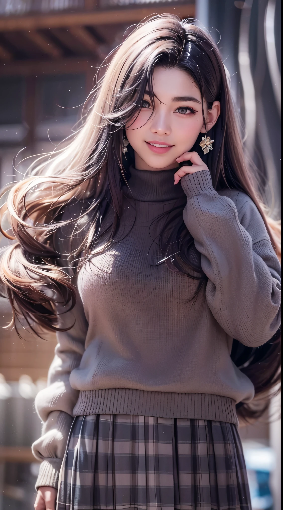 solo, cool woman, Sweater and checked skirt, black hair, long hair, shiny hair, light smile, detailed beautiful face and eyes, surrealism, cinematic lighting, jpeg artifacts, Eye-Level Shot, drop shadow, depth of field, hyperrealism, tachi-e, masterpiece, retina, ccurate, best quality, highres, 4K, super detail