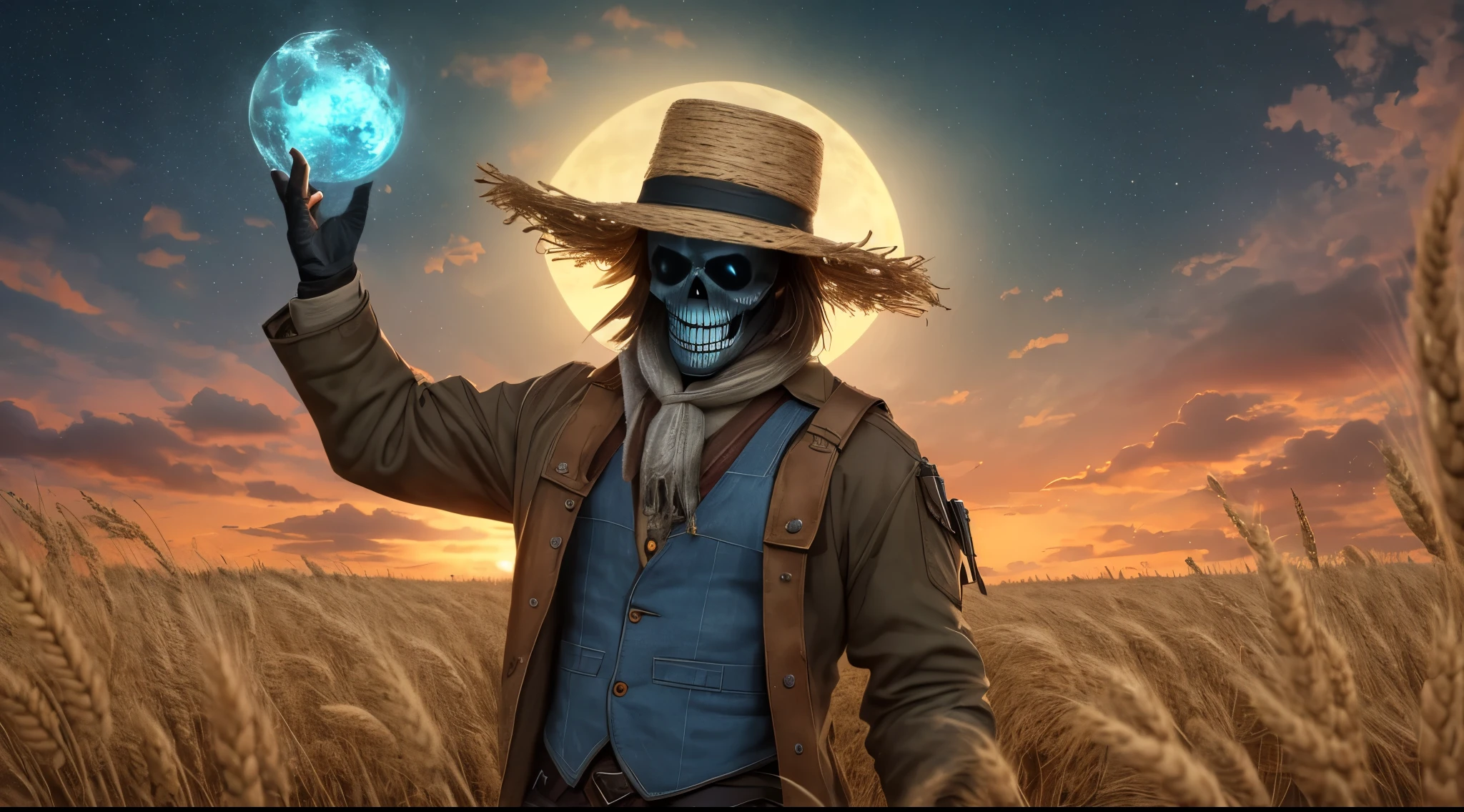 Spooky male scarecrow, made of straw, wearing an old spooky top farm hat. Arms raised tools farm, death,, skull face, scary, dark ambience, wheat fields, action pose, dark blue eyes, blue fire --auto --s2