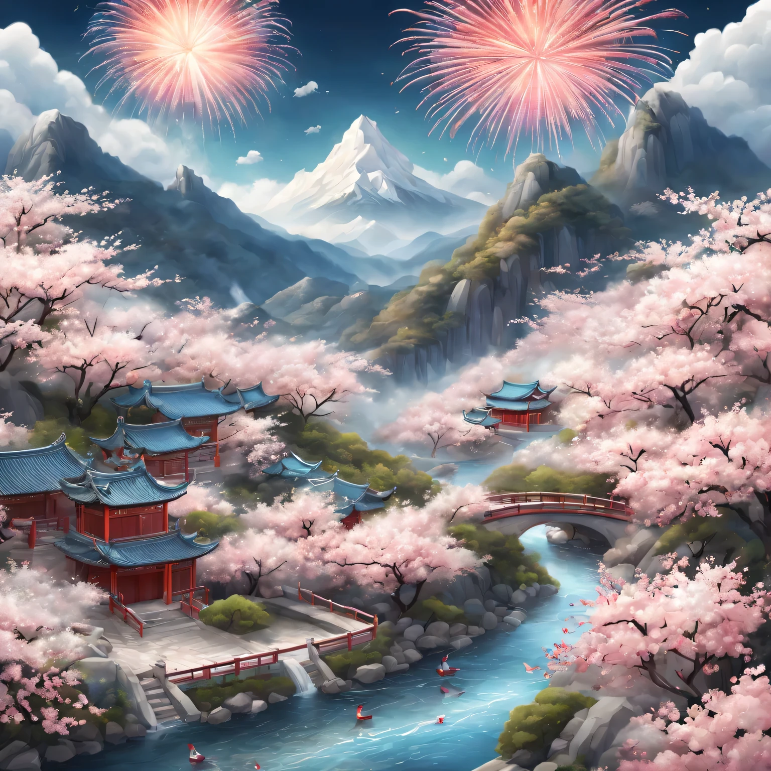 (Isometric animation,cold shades,white backgrounid,Causticocus sharp:1.5),Chinese,(Grand New Year Fireworks Show),mountain peaks,small stream,village arm land,White Peach Blossom Aiyun,peacock, Illustration style,sewing style,Auspicious clouds,The content is very detailed,cold shades、