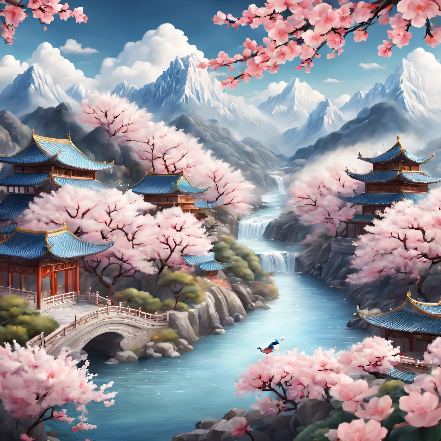 (Isometric animation,cold shades,white backgrounid,Causticocus sharp:1.5),Chinese,(Grand New Year Fireworks Show),mountain peaks,small stream,village arm land,White Peach Blossom Aiyun,peacock, Illustration style,sewing style,Auspicious clouds,The content is very detailed,cold shades、