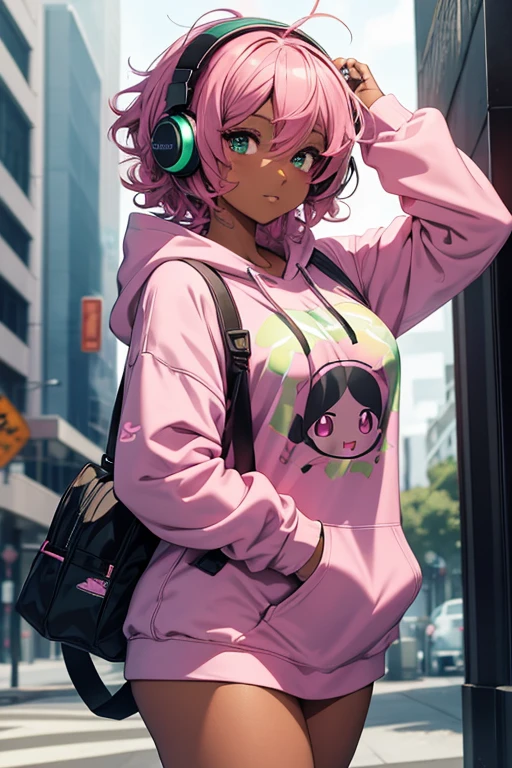 An anime style adult female character, very curly short pink hair, dark skin, Her eyes are different colors, her left eye is dark pink, she is chubby, wears wireless headphones with green details, and wears a hoodie with a bow printed iris, she has both hands on the headphones