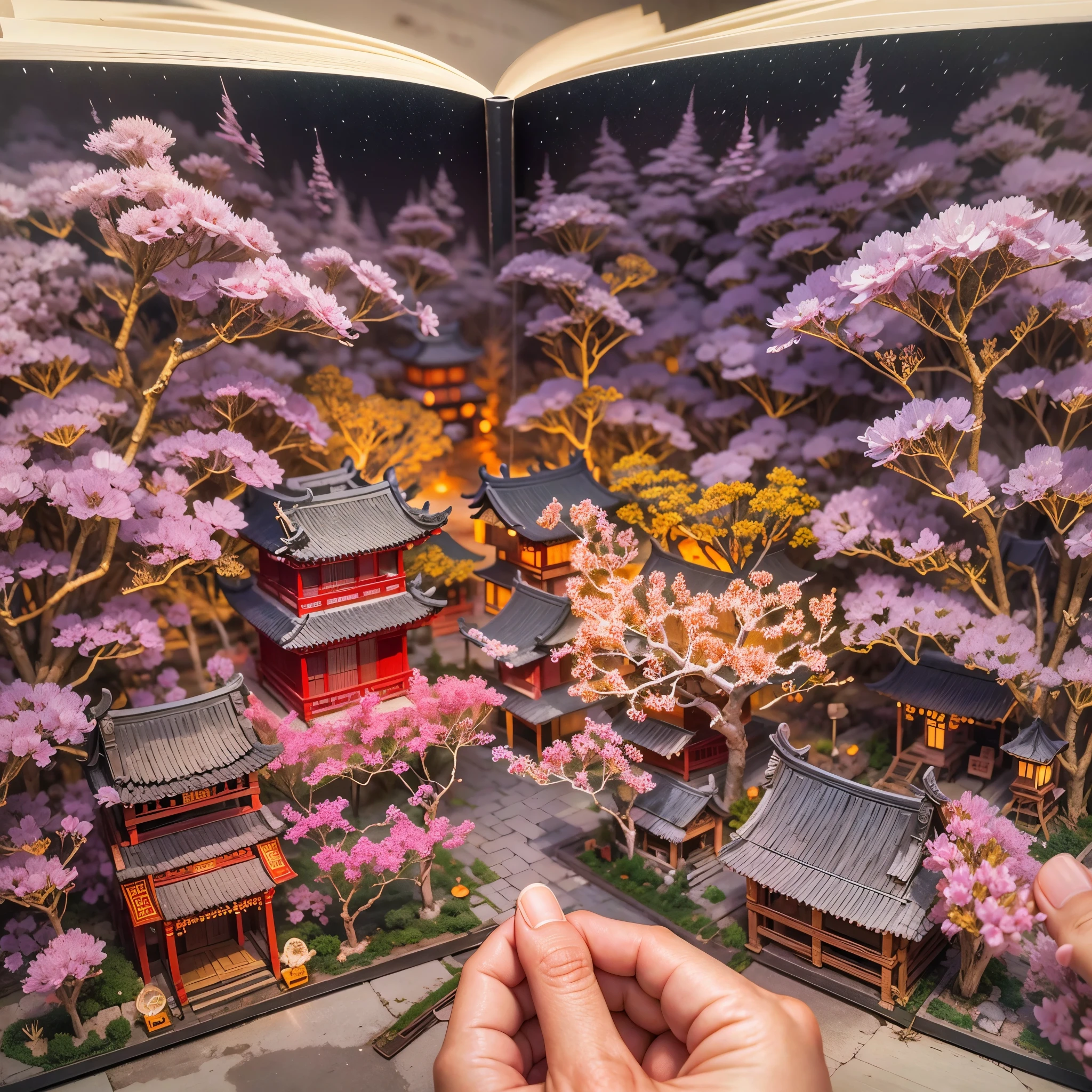 (popup book:1.5),( Cuttings style):A traditional Chinese village is hosting a grand New Year fireworks display。On a cold winter night,Peach Blossom Forest,Red Maple,Rolling hillest qualtiy,4K,8K,A high resolution,tmasterpiece:1.2),super-fine,(realisticlying,照片realisticlying,photoreali:1.37)#Marine art#pop-up books#number art#digitial painting#love art