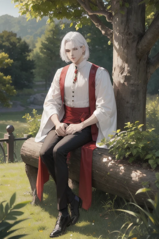 A young white haired king with red eyes and a beard is sitting on a tree branch in a scarlet blouse and black pants.