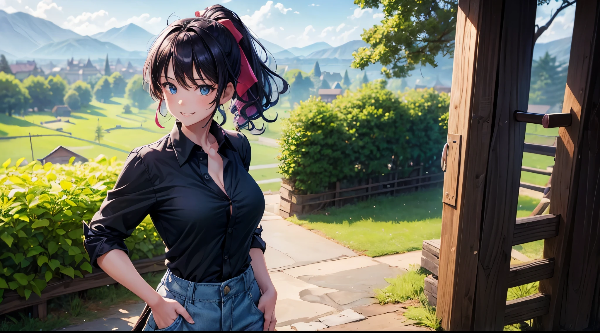 1girl, solo, village, trees, colorful hair, curly hair, ponytail, large breasts, button down shirt, ninja, ((black shirt)), ((unbuttoned shirt)), ((short sleeved shirt)), blue eyes, pants, sandals, katana, grin, looking at the viewer, ((standing)), hair ribbon, bandage