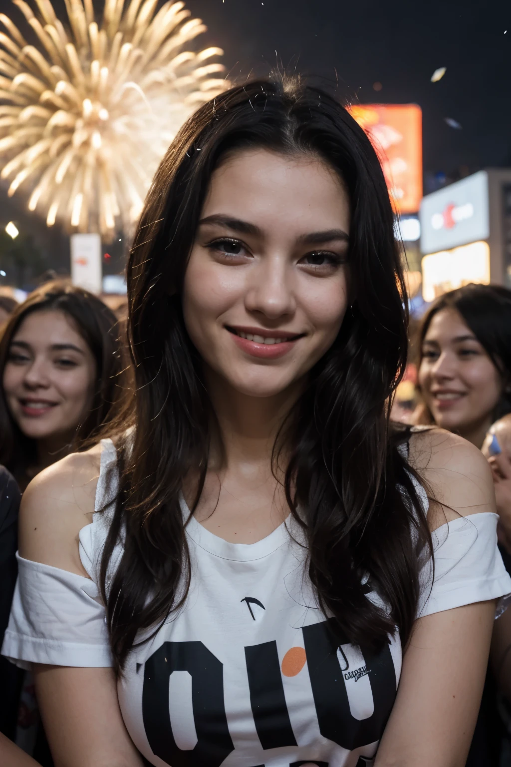 1 woman singer, long hair ((upper body selfie, happy)), masterpiece, best quality, ultra-detailed, solo, outdoor taking selfie under a stage, in front of a stadium audience (background accentuated depth of field), with big screen in the background high in the corners (night), (stars, moon) cheerful, happy, light clothing, low-cut top shirt, sweater, contrast, clear sky, style, (warm hue, warm tone): 1.2), close-up, cinematic light, side lighting, ultra high resolution, best shadow, RAW, upper body.
