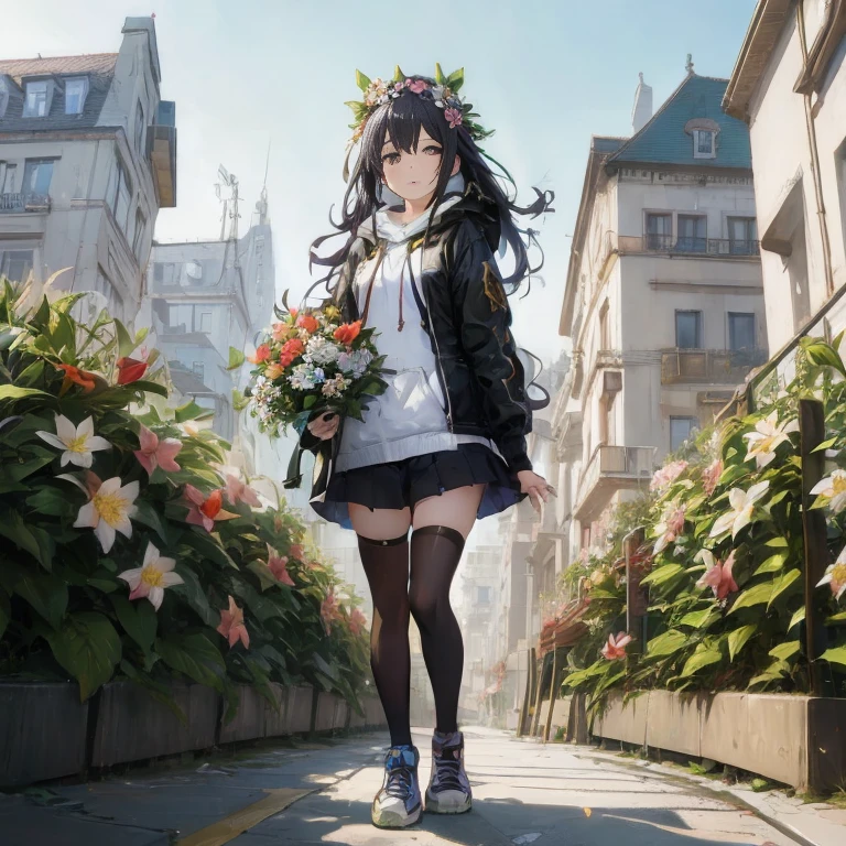 Anime girl walking down the street with flowers in her hair, artwork in the style of guweiz, guweiz, guweiz on pixiv artstation, guweiz on artstation pixiv, anime style 4 k, guweiz masterpiece, forest city streets behind her, 街のStanding at street, girls frontline style, Standing at street