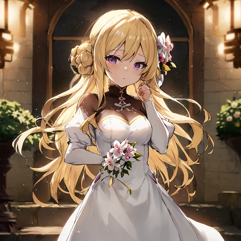 Anime girl in a white dress with long blonde hair and flowers in her hair, Cute anime waifu in a nice dress, cushart krenz key art feminine, Ayaka Genshin Impact, blonde anime girl with long hair, Anime visuals of cute girls, from girls' frontline, Fine details. girls' frontline, Violet Evergarden, anime key visual of elegant