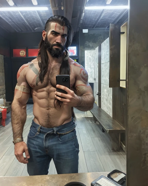 there is a man with long hair and a beard taking a selfie, hairy chest and hairy body masculine and rugged, 24 years old, sexy masculine, masculine and strong, strong masculine features, Kratos from God of war lookalike