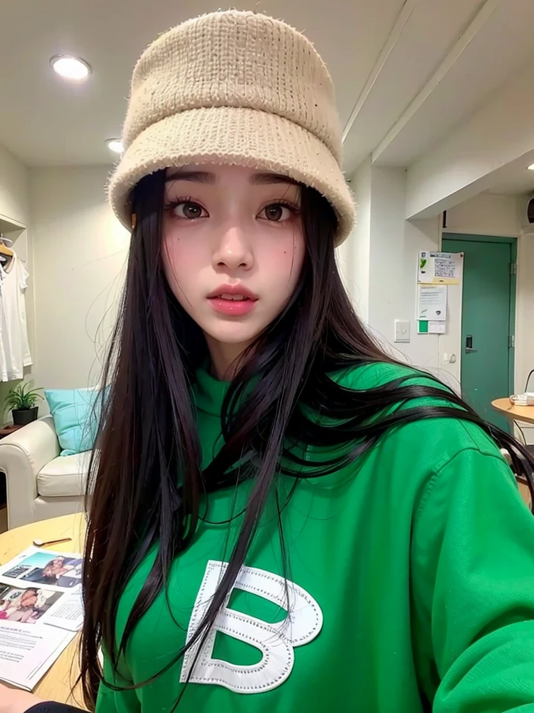 Mujer arafed con una camisa verde y un sombrero blanco., Parque Roseanne de Blackpink, Jossi de Blackpink, Jaeyeon Nam, Bae Suzy, Jinyoung Shin, Blackpink Jennie, ulzzang, Gongbi, Heonhwa Choe, portrait of Jossi de Blackpink, con el pelo largo, Gemma Chen, Ella lleva ropa de calle, Lulu Chen, Kim Doyoung