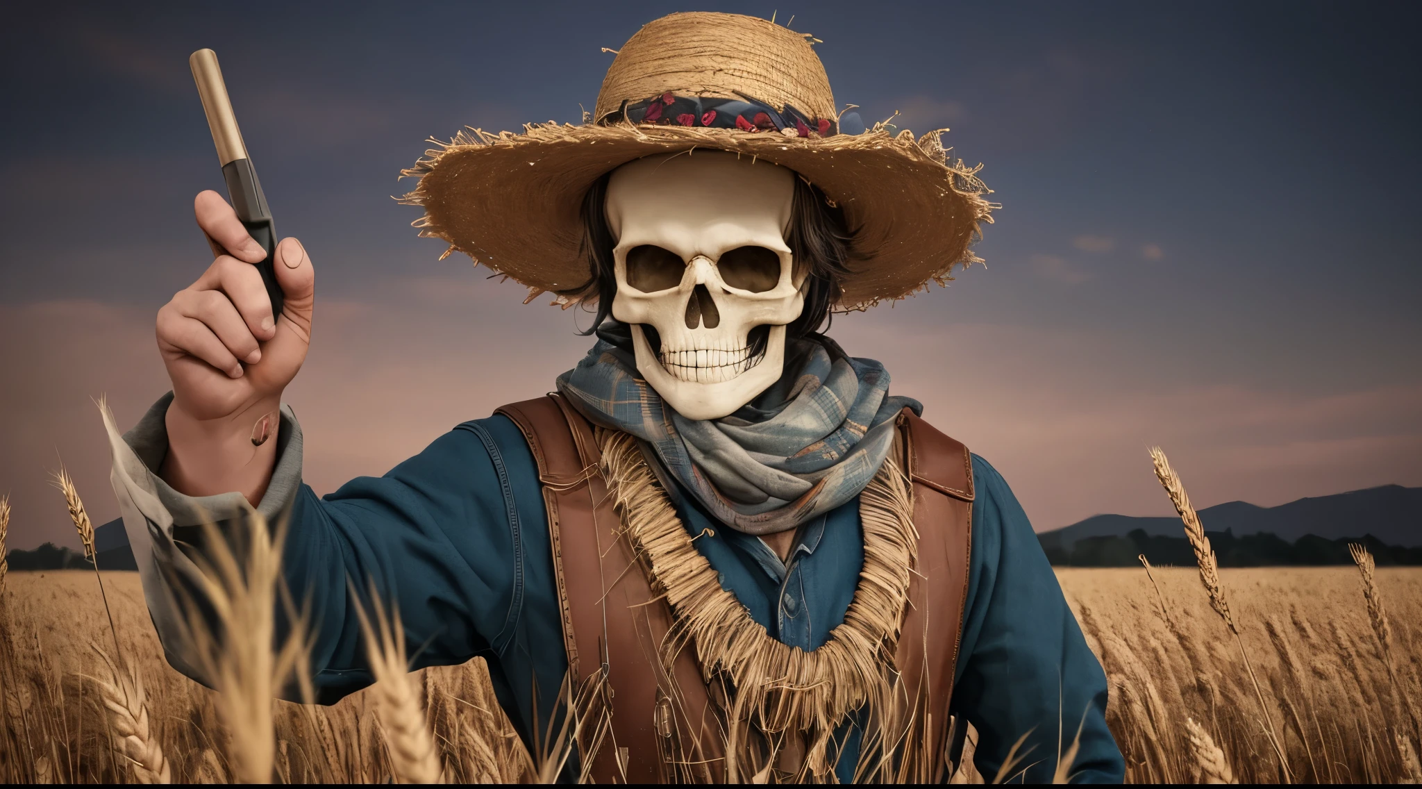 Spooky male scarecrow, made of straw, wearing an old spooky top farm hat. Arms raised tools farm, death,, skull face, scary, dark ambience, wheat fields, action pose, dark blue eyes, blue fire --auto --s2