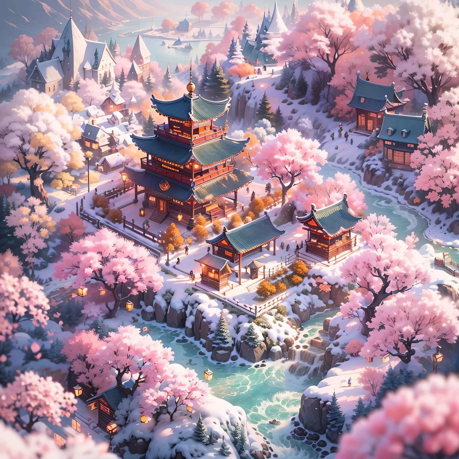（Isometric animation,cold shades，white backgrounid，Causticocus sharp:1.5），Chinese，(Grand New Year Fireworks Show)，mountain peaks，small stream，village arm land，White Peach Blossom Aiyun，peacock， Illustration style，sewing style，Auspicious clouds，The content is very detailed，cold shades、
