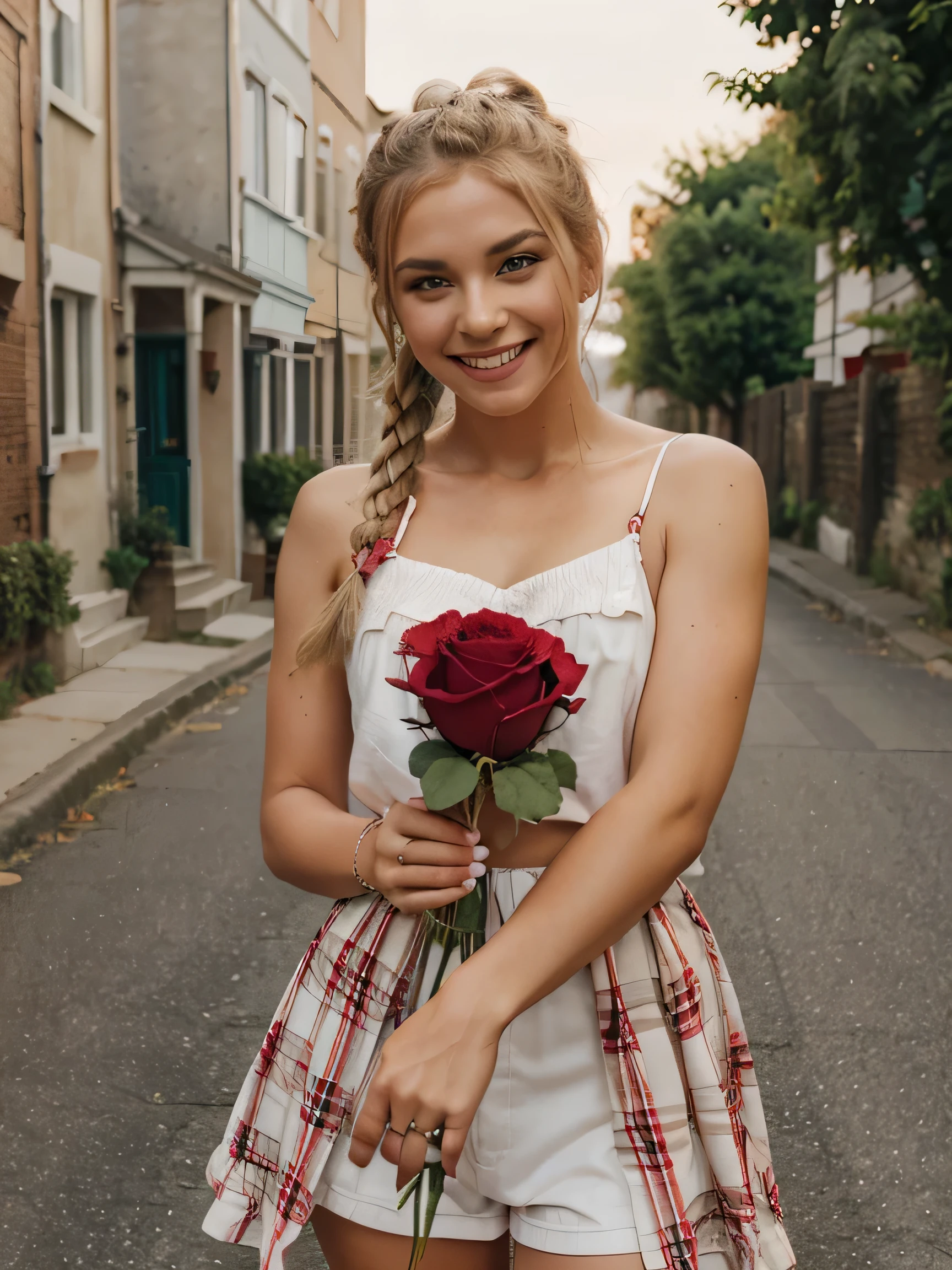 beautiful girl, blonde hair tied up, red rose in hand , fashion outfit, smiling, country street background