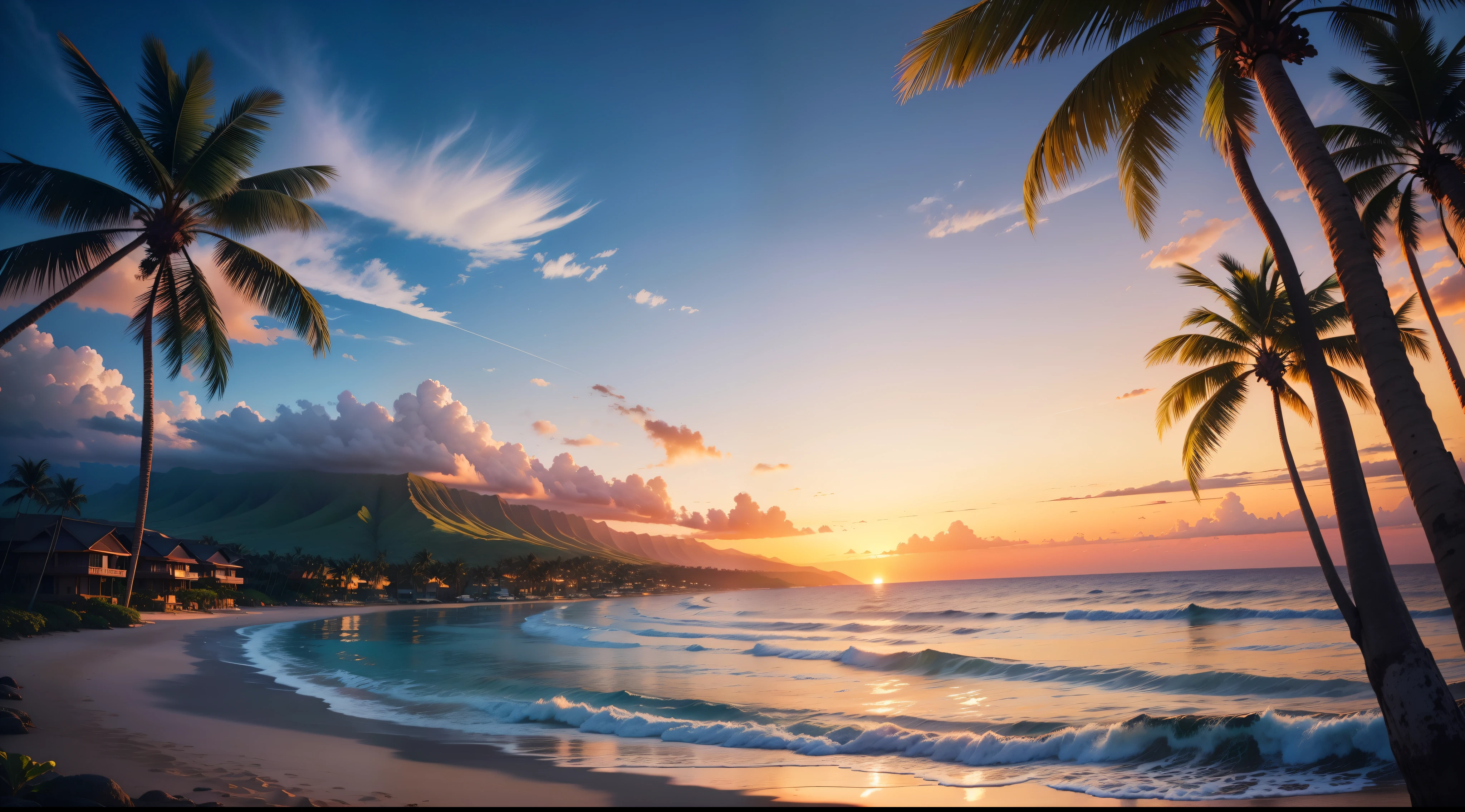 Pure landscape view,hawaii, surf beach、palm trees、Sunset Villa、It was sunny outside、green leaf、Heal the beautiful landscape。evening light、Beautiful artistic conception、the sunset、precipice、Beautiful view of spring