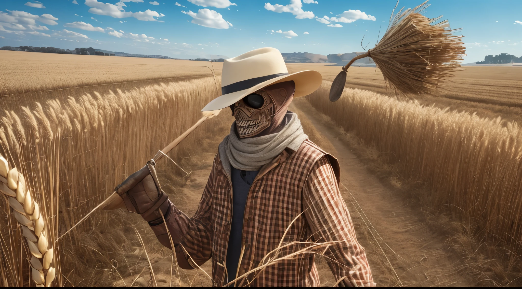 Spooky male scarecrow, made of straw, wearing an old spooky top farm hat. Arms raised tools farm, death,, skull face, scary, dark ambience, wheat fields, action pose, dark blue eyes, blue fire --auto --s2