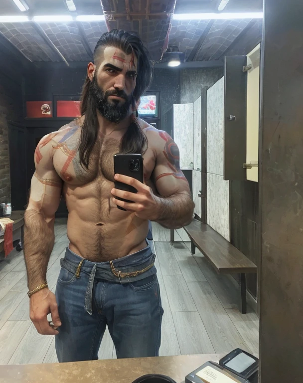 there is a man with long hair and a beard taking a selfie, hairy chest and hairy body masculine and rugged, 24 years old, sexy masculine, masculine and strong, strong masculine features, Kratos from God of war lookalike , white skin