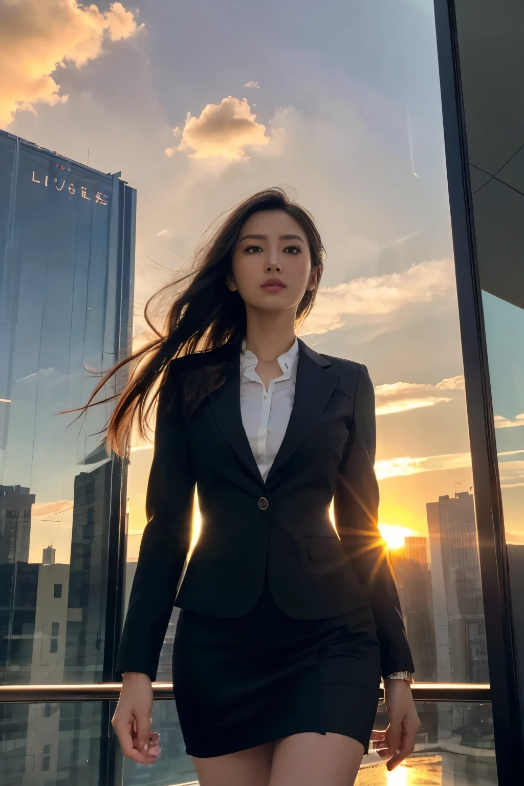 ((masutepiece:1.4, Best Quality)), (photos realistic:1.4), 
((1girl in)), Lustrous black hair, Hair that flutters in the wind,
(超A high resolution:1.2), Extremely delicate and beautiful, amazing, 
the Extremely Detailed CG Unity 8K Wallpapers, Ultra-detailed, High resolution, Soft light, 
Beautiful detailed girl, extremely detailed eye and face, beautiful detailed nose, Beautiful detailed eyes, 
(Dark blue business suit, skirt by the:1.4),
Cinematic lighting, Perfect Anatomy, Slender body, slender long legs, Taut,
(valley of buildings), (Glass-walled skyscrapers:1.4), (Bright red sunset clouds reflected on the building:1.4), (Beautiful form with an inorganic atmosphere),
cool expression, Cowboy Shot