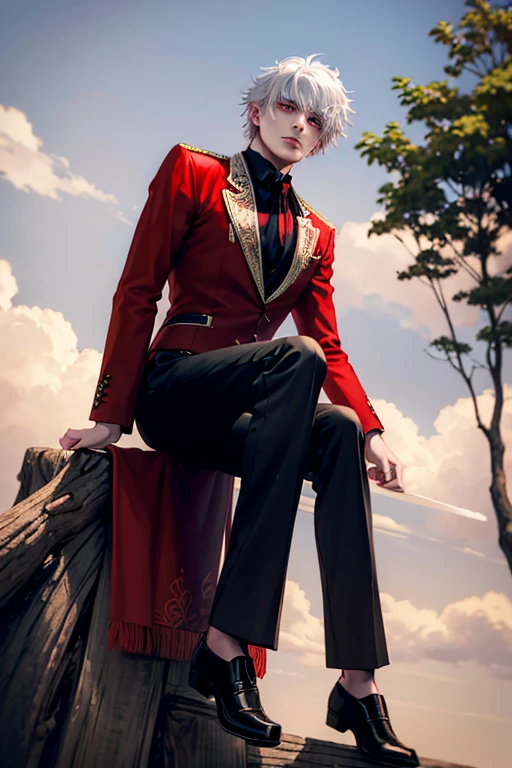 A young white haired king with red eyes  is sitting on a tree branch in a scarlet blouse and black pants.