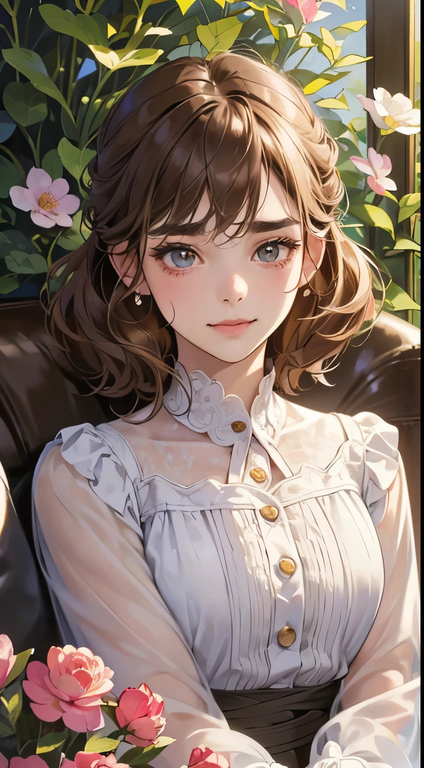 (masutepiece, Digital Art, Digital Illustration, 4K, 8K, Ultra-detailed, beautiful image, Sharp Image, Photorealistic, Raw photo, Perfect face, Perfect lines, Perfect eyes, Soft lighting) 1 woman, (lightbrown hair,Chignon Hair,Innocent look,drooping eyebrows,drooing eyes,with round face,Round jaws、Innocence,cute little,big eye,natural make up,kindly smile,E-cup,23 y-o woman:1.3),Two handsome men in suits, (ember,Men in suits,well-muscled,Firm shoulder width, Boyish hairstyle,Man in his 30s with a cool expression,28-year-old man with bright smile:1.2),A garden full of light、lots of flower、The fountain、colorful flower light,(embarrassed from,Shy smile:1.2),Resort Sofa,the kiss、kiss、a couple、couple kissing、Romance、