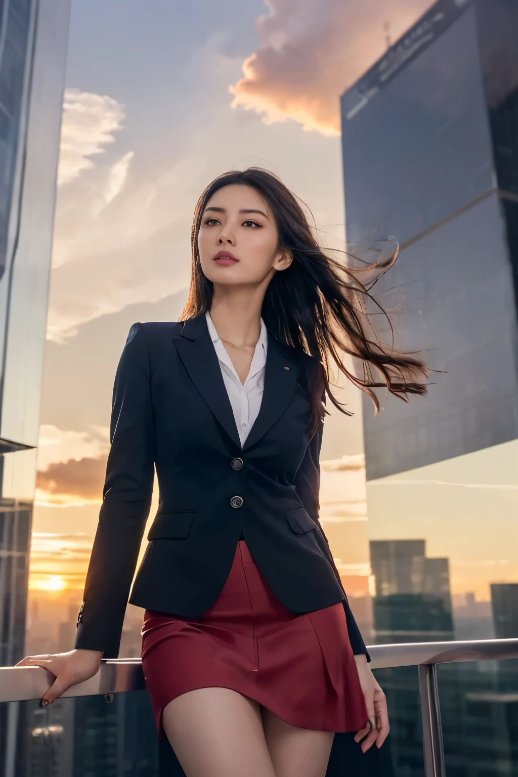 ((masutepiece:1.4, Best Quality)), (photos realistic:1.4),
((1girl in)), Lustrous black hair, Hair that flutters in the wind,
(超A high resolution:1.2), Extremely delicate and beautiful, amazing,
the Extremely Detailed CG Unity 8K Wallpapers, Ultra-detailed, High resolution, Soft light,
Beautiful detailed girl, extremely detailed eye and face, beautiful detailed nose, Beautiful detailed eyes,
(Dark blue business suit, skirt by the:1.4),
Cinematic lighting, Perfect Anatomy, Slender body, slender long legs, Taut,
(Glass-walled skyscrapers:1.4), (Bright red sunset clouds reflected on the building:1.4), (Beautiful form with an inorganic atmosphere),
cool expression, Cowboy Shot